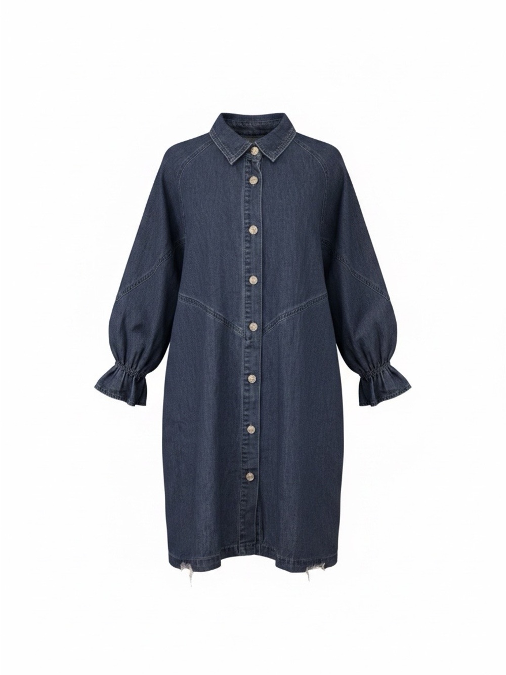 Dark Blue Denim Button-Front Long Sleeve Dress